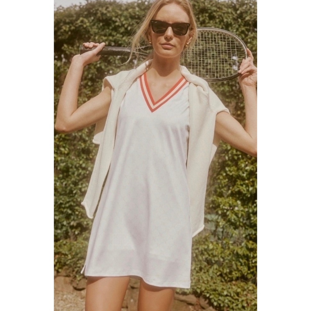 Tuckernuck Sporty Stripe V-Neck Monogram Tennis Dress Womens Large Tennis Retro